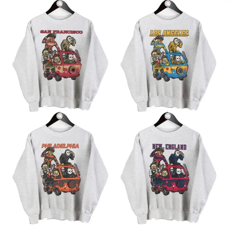 Vintage Horror Character Halloween Movie All Team Football Ash Grey Sweatshirt, Football Halloween Spooky Season Classic Menswear Crewneck Soft