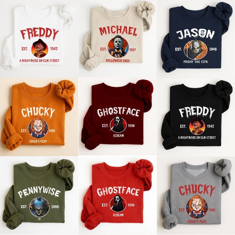 Vintage Horrors Movie Characters Sweatshirt, Halloween Crewneck, Spooky Streetwear, Scary Movie Graphic Pullover, Casual...