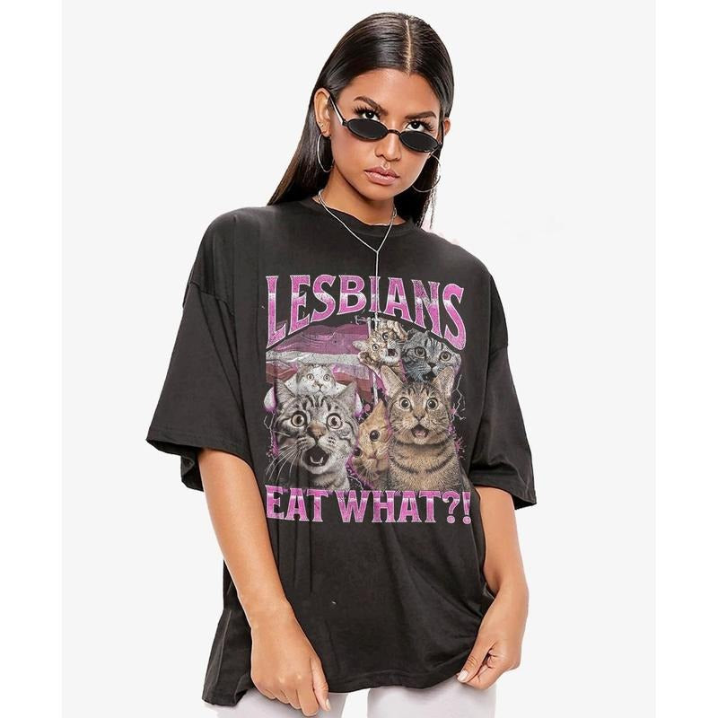 Vintage Lesbians Eat What?! Tshirt, Funny 90s Graphic Tee, Sarcastic Shirt, Silly Meme Shirt, Unisex Short Sleeve Tee