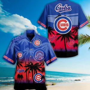 Vintage MLB Chicago Cubs Hawaiian Shirt Sunset Palm Island - Cubs Hawaiian Shirt