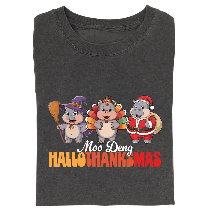 Vintage Moo Deng HalloThanksMas Graphic Tee, Funny Moo Deng Shirt, Halloween Shirt, ThanksGiving Shirt, Christmas Shirt, Parody Shirt, Fall Season