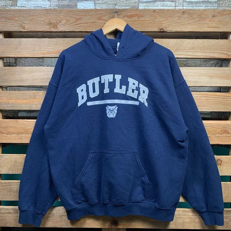 Vintage Ncaa Butler University Hoodie Butler Pullover Sweater Butler Hooded Jumper Butler University Graphic Print Navy Blue Large Oversize