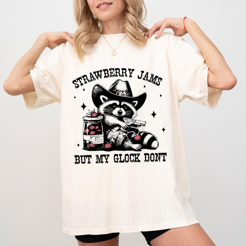 Vintage Strawberry Jams Raccoon Shirt, Funny Raccoon Meme Tee, Vintage Trash Panda Shirt, Funny Saying Graphic Printed Tee, Oversized Women's Tops