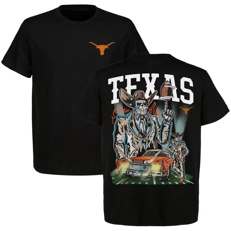 Vintage Texas Longhorns Football Western Skeleton Cowboy Graphic Tee, Soft Material, Strong Style Just for Texas Fans