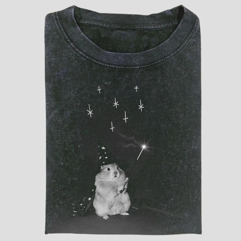 Vintage Wizard Hamster Graphic Tee, Funny Magic Wand Meme Shirt, Whimsical Animal Fantasy Style, Unisex Menswear Womenswear Top