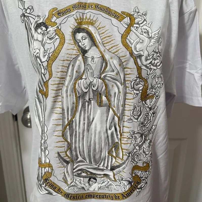 Virgencita changing colors t-shirt White Cotton Hoodie, Sweatshirt | InkThreadWorks.com