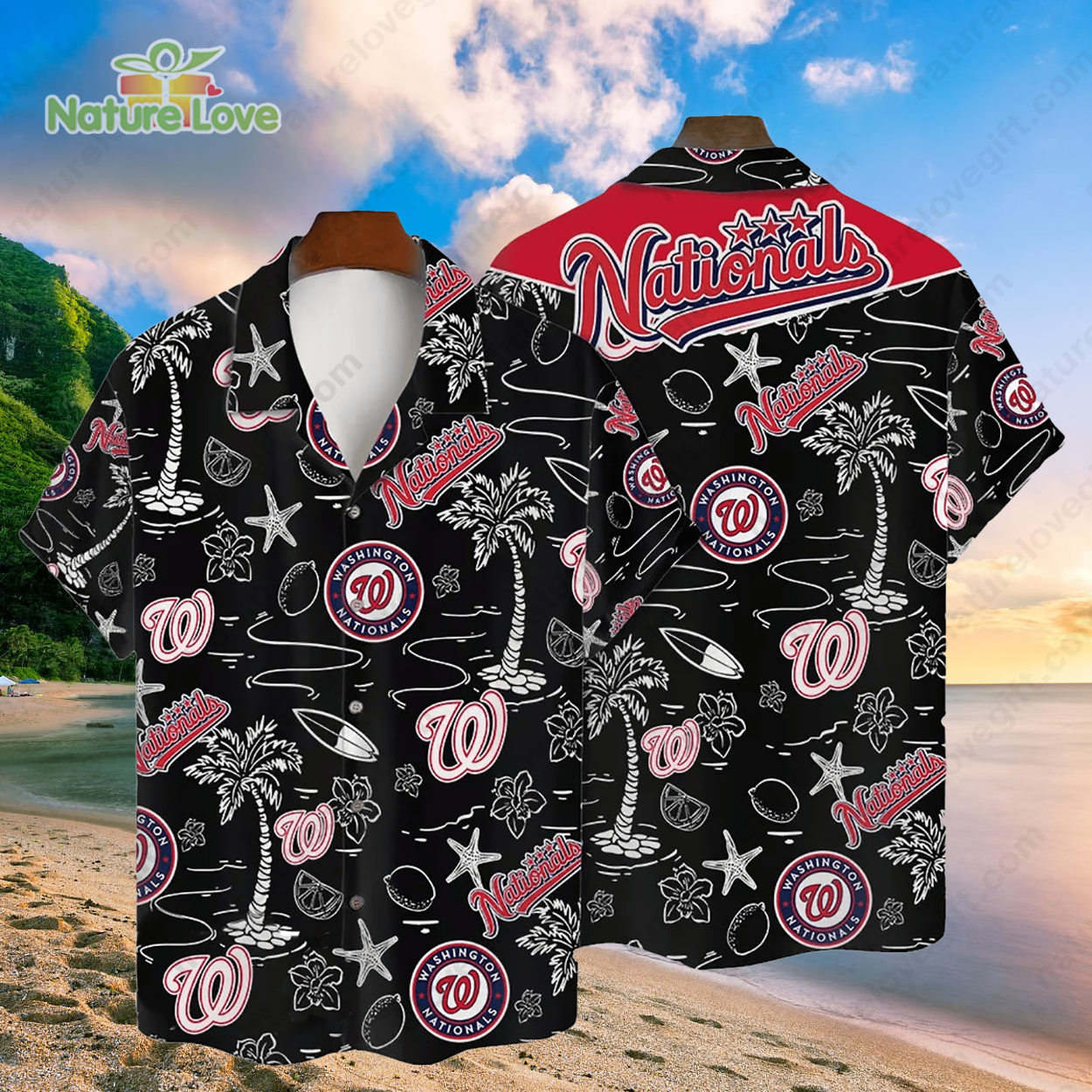 Washington Nationals Tropical Palms MLB Black Hawaiian Shirt