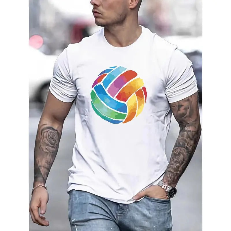 Watercolor Volleyball Illustration Print Men's Cotton T-shirt, Casual Short Sleeve Crew Neck Top, Men's Summer Clothing...