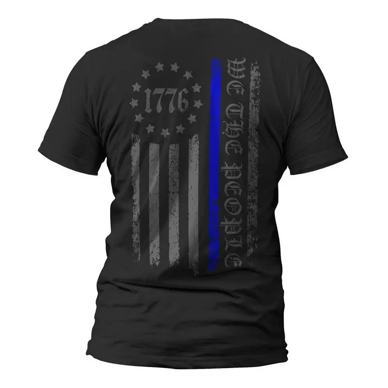 We The People 1776 Thin Blue Line Vertical Flag Back Print Police Men's T-Shirt Casual Classic