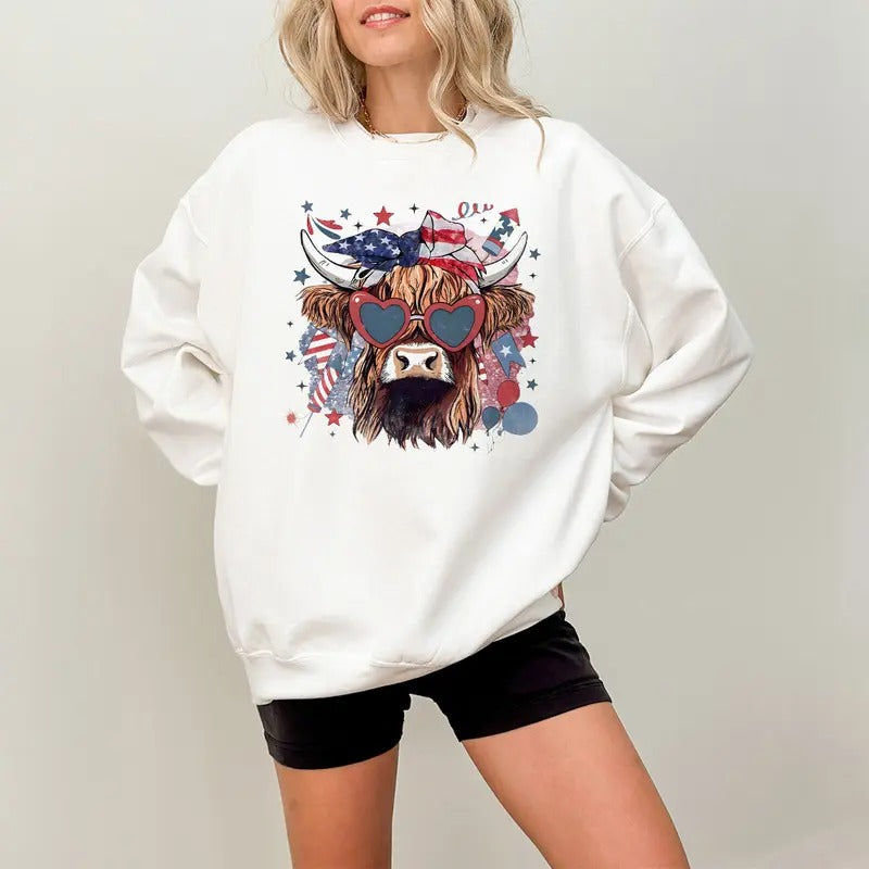 Western America Highland Cow Sweatshirt, America Sweater, 4th Of july tee, American Flag Shirt, Usa Shirt, America Shirts, Freedom Tee