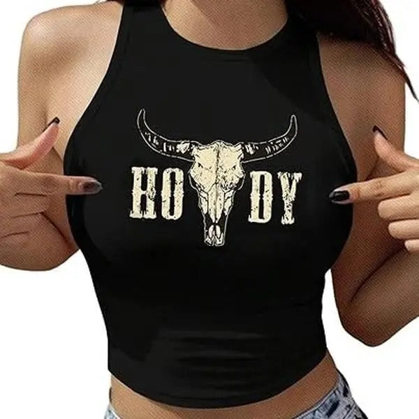 Western Cowgirl Crop Top for Women - Country Concert Cowboy Cow Skull Graphic Tee Cotton Womenswear
