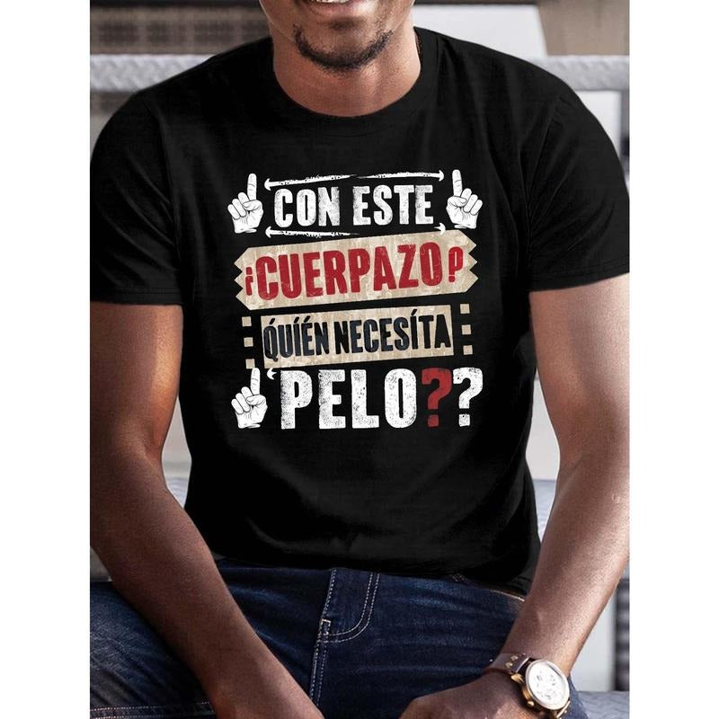 Men's Confident Cotton Tee - Casual Round Neck, Soft & Breathable with Bold "Cúrsele esté?/ What?" Print, Perfect for Sports & Leisure, White & Red Text, Black Fabric Made in USA