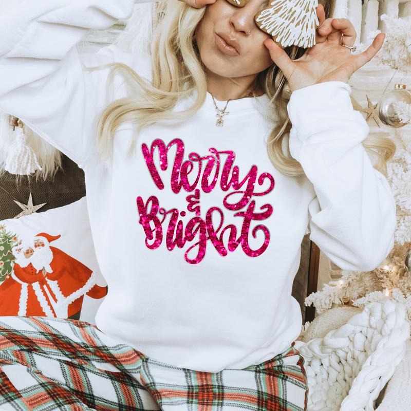 White Merry & Bright Unisex Gildan Sweatshirt T-Shirts, Hoodie | InkThreadWorks.com