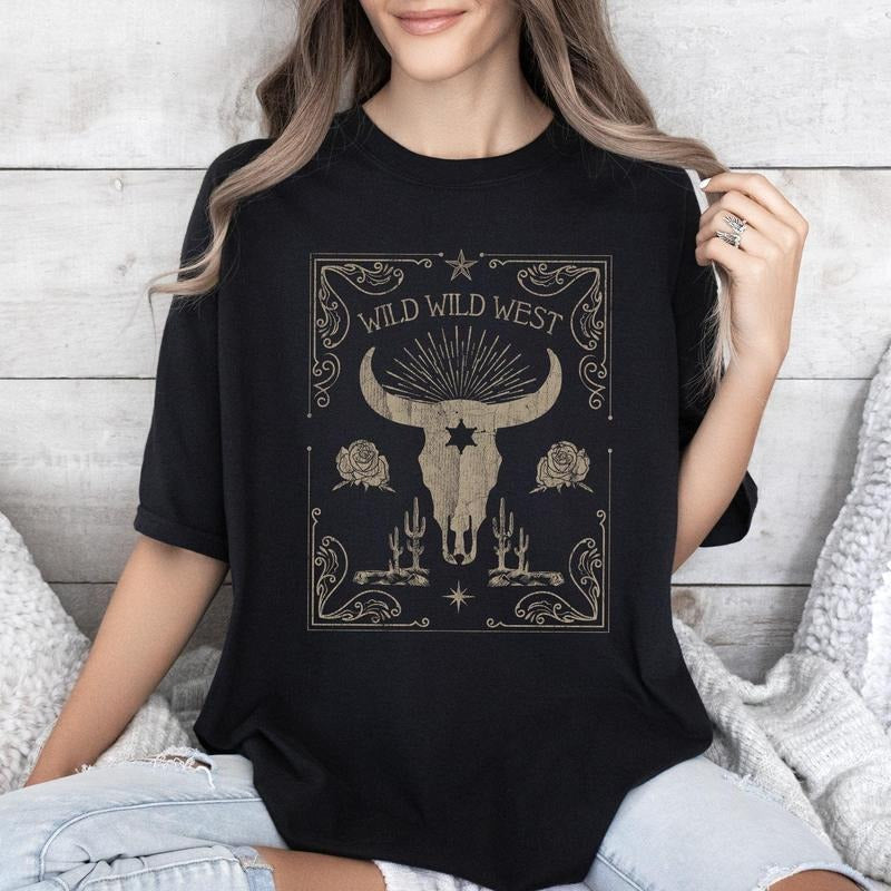 Wild Wild West, Skull, Cattle, Cowboy, Cowgirl, Tshirt, Women's Crew Neck, Crewneck Hoodie, Sweatshirt | InkThreadWorks.com