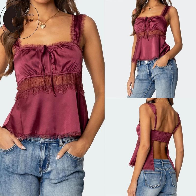 Women Babydoll Tank TopsLace Trim Square Neck Sleeveless Backless Crop Shirt Summer Streetwear Hoodie, Sweatshirt