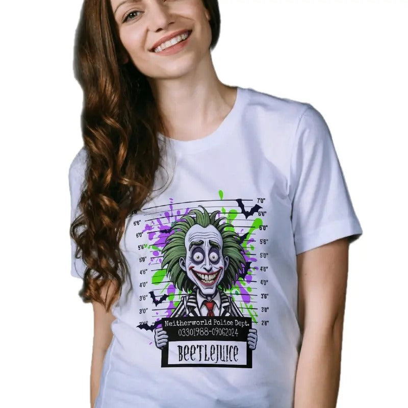Beetlejuice Cartoon Mugshot T-Shirt for Men/Women Comfortable Cotton Top oogie boogie Womenswear Breathable Everyday Fit Casual