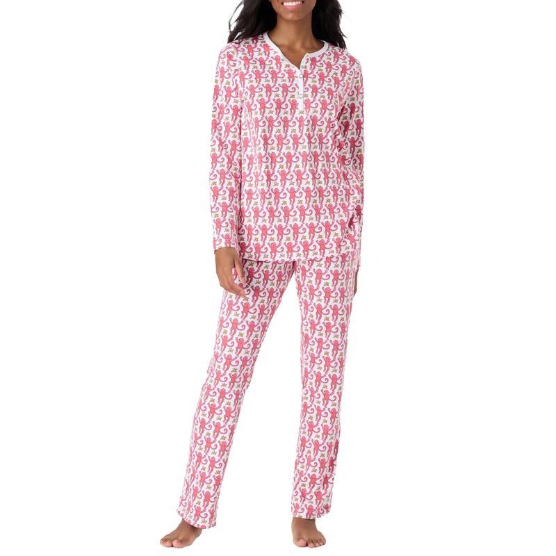 Women Pajama Set, Monkey Print Long Sleeve Button Closure Tops with Pants Sleepwear Loungewear