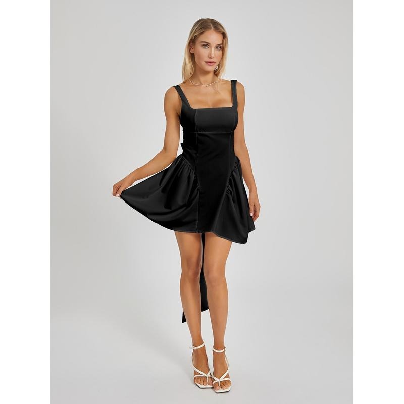 Women Sleeveless Pleated Dress Solid Color Bandage Backless Party A-Line Dress for Cocktail Beach Club Streetwear Fashion Formal