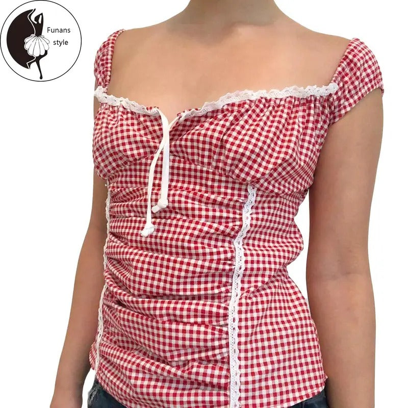 Women Summer Basic T-Shirt Casual Tie up Back Plaid Print Ruched Short Sleeve Tops for Streetwear Aesthetic Clothes...