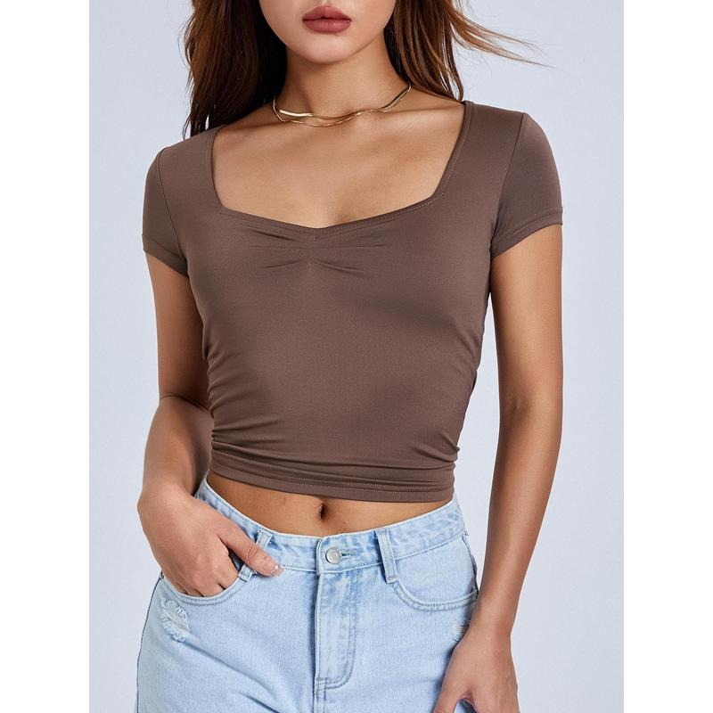 Women T-shirt, Low-cut Short Sleeve Pleated Solid Slim Fit Summer Tops for Casual Daily Light Womenswear
