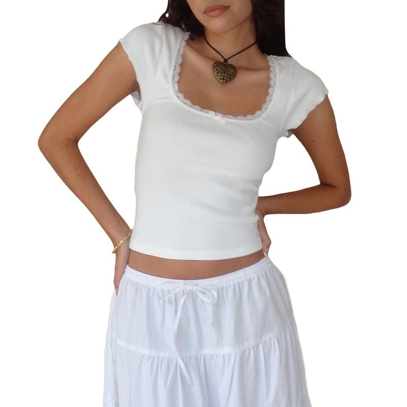 Women T-shirt, Short Sleeve Square Neck Lace Patchwork Bow Summer Tops Streetwear Womenswear Comfy Hoodie, Sweatshirt