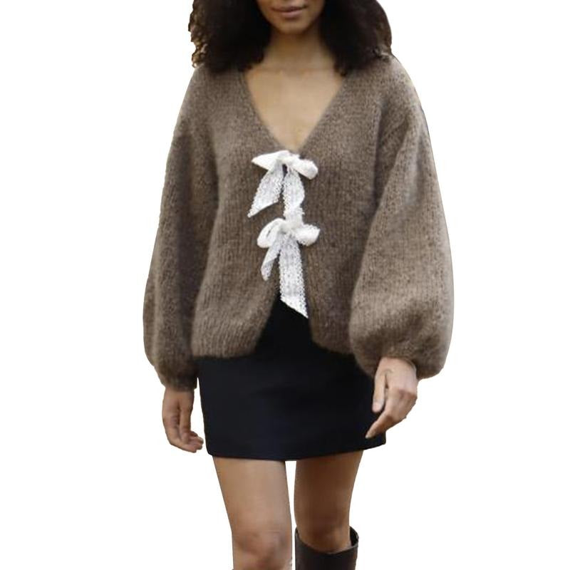 Women Tie Front Sweaters Casual Lightweight Contrast Color Knit Cardigans Warm Fall Knitwear for Streetwear T-Shirts,...