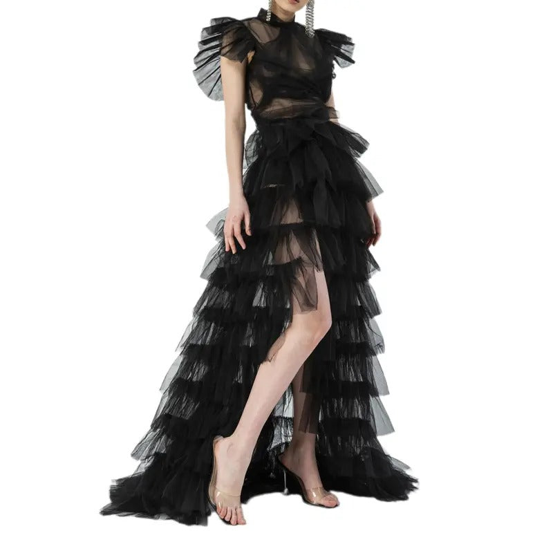 Women Tulle Skirt, Solid Color Mesh Tied-Up Irregular Floor-Length Party Skirt for Wedding Guest, Dinner, Cocktail Party...
