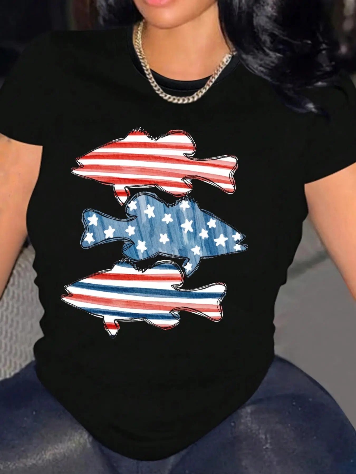 Women's American Flag & Fish Print Round Neck Tee, Casual Short Sleeve Crew Neck T-Shirt for Summer, Fashion Women's Top for Daily Wear