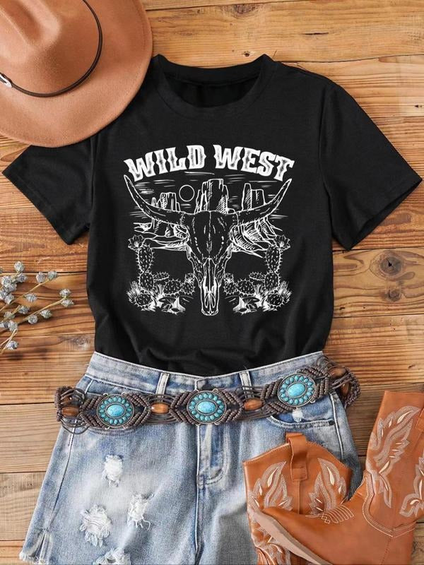 Women's Animal & Letter Print Round Neck Graphic Tee, Vintage Trendy Casual Short Sleeve T-shirt for Daily Wear, Ladies All Seasons Outfit