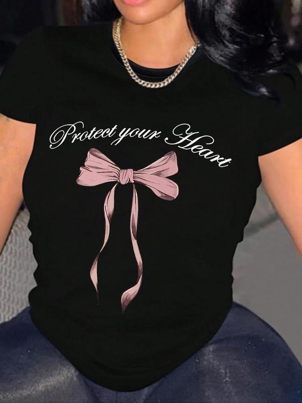Women's Bowknot & Slogan Round Neck Graphic Tee, Fashion Casual Short Sleeve T-shirt for Daily Wear, Ladies Summer Clothes