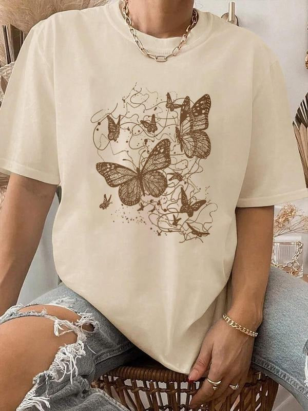 Women's Butterfly Print Round Neck Graphic Tee, Vintage Trendy Casual Short Sleeve T-shirt For Daily Wear, Ladies All Seasons Outfit