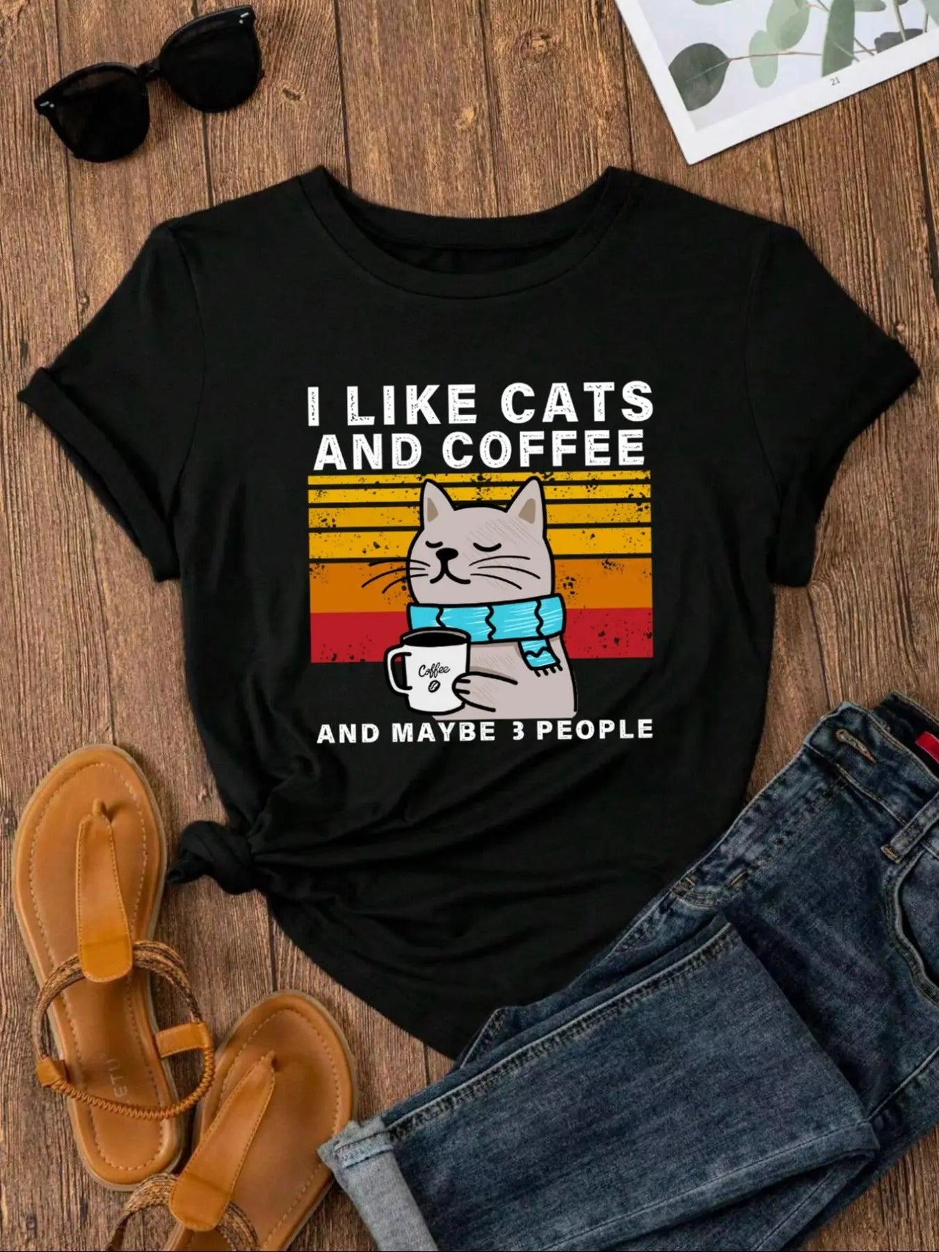 Women's Cartoon Cat & "I LIKE CAT AND COFFEE" Letter Print Round Neck Graphic Tee, Vintage Trendy Casual Short Sleeve T-shirt for Daily Wear, Ladies All Seasons Outfit