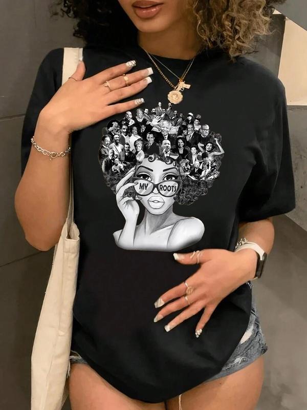 Women's Cartoon Figure & Letter Print Drop Shoulder Tee, Fashion Casual Crew Neck T-Shirt for Daily Holiday Vacation...