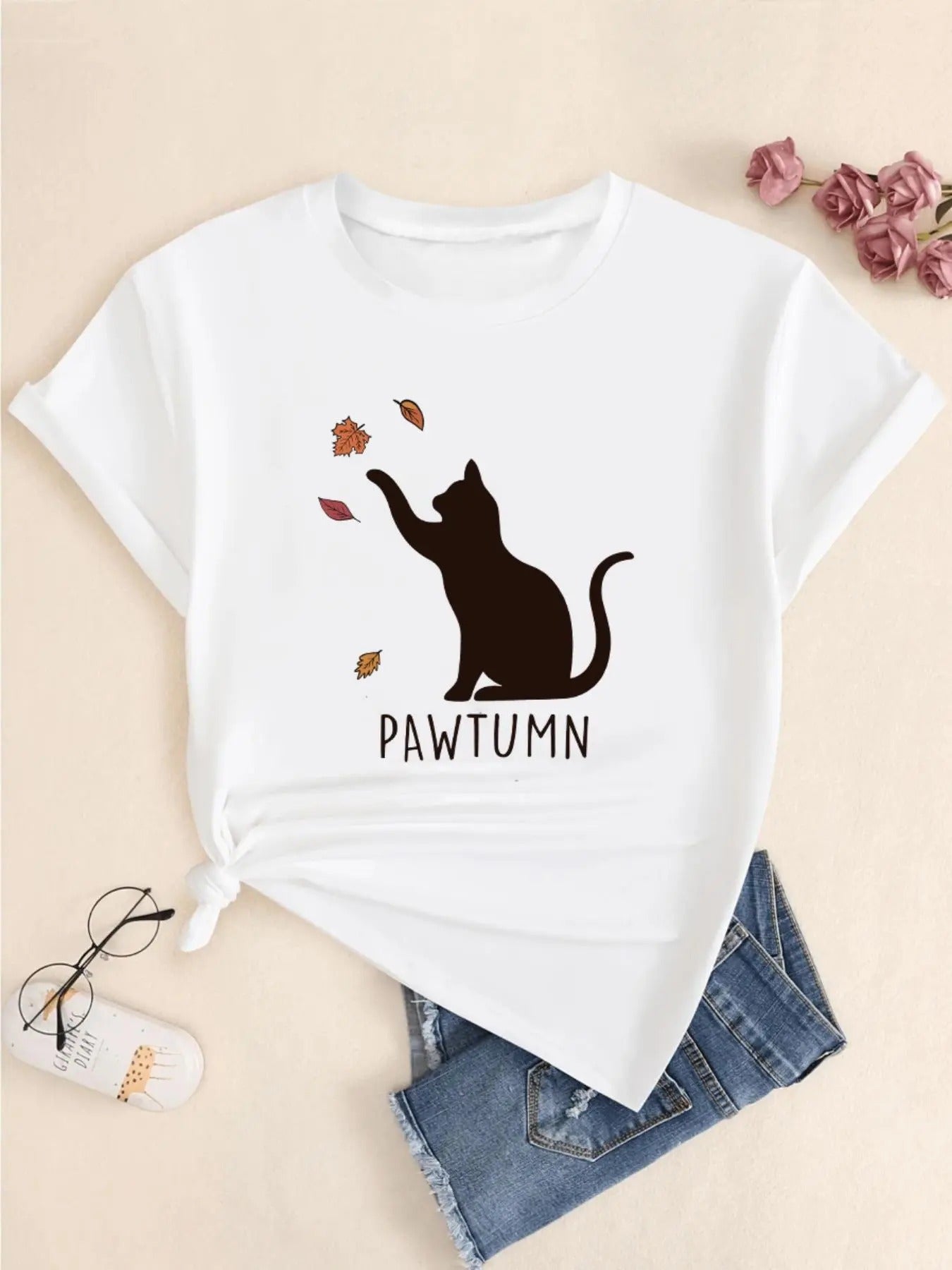 Women's Cat & Letter Print Round Neck Tee, Casual Short Sleeve T-shirt for Summer, Ladies Clothes for Daily Wear Hoodie,...