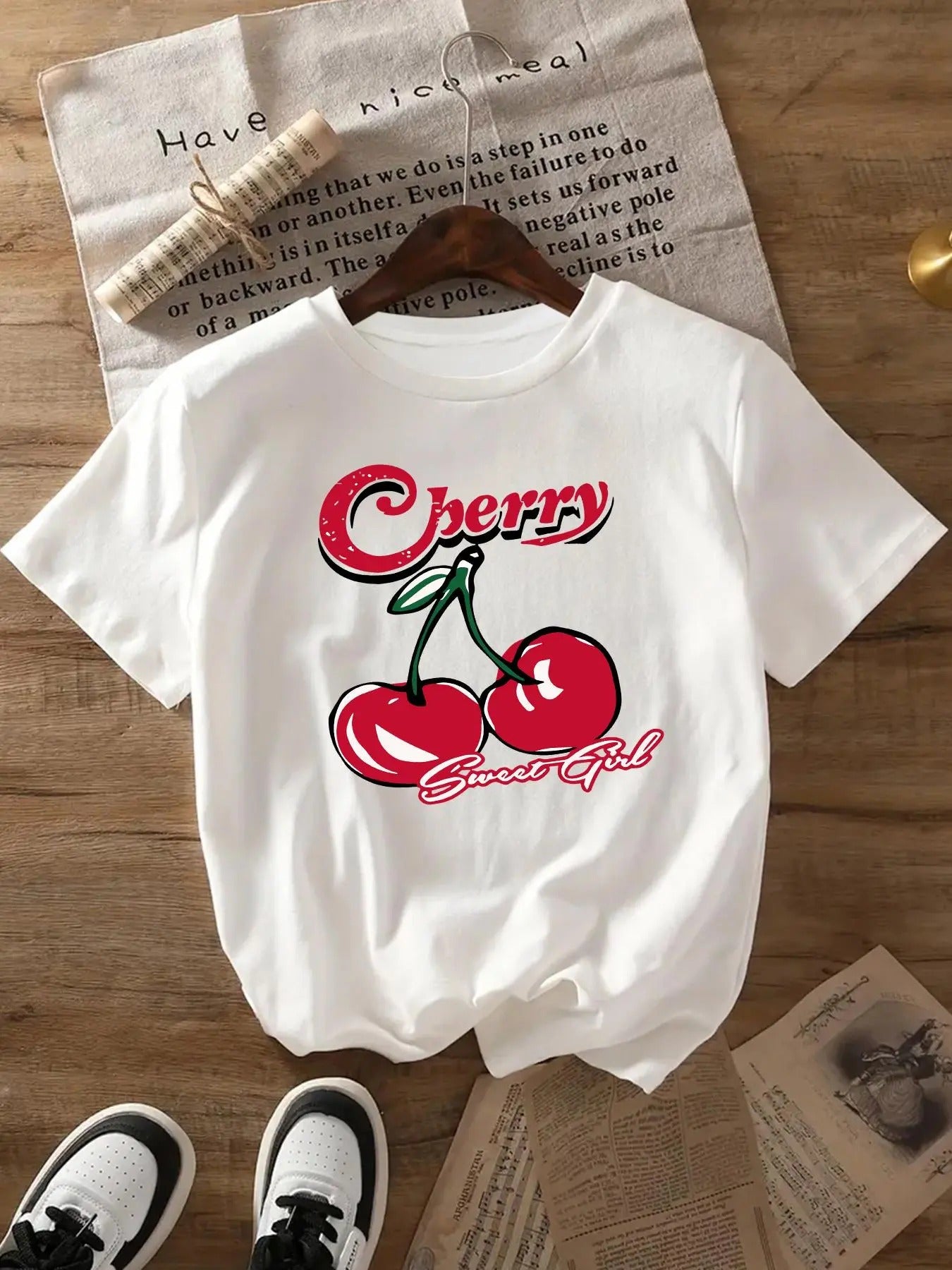 Women's Cherry & Letter Print Round Neck Tee, Casual Short Sleeve Crew Neck T-Shirt for All Seasons, Fashion Women's Top...