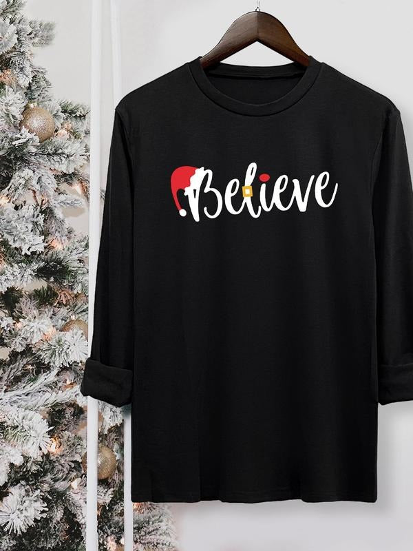 Women's Christmas Letter Print Round Neck Tee, Casual Long Sleeve Crew Neck T-shirt for Fall & Winter, Women's Top for...