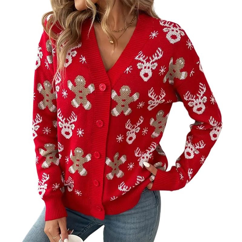 Women's Christmas Sweater Cardigan Long Sleeve V Neck Button Up Elk Gingerbread Man Print Knitwear