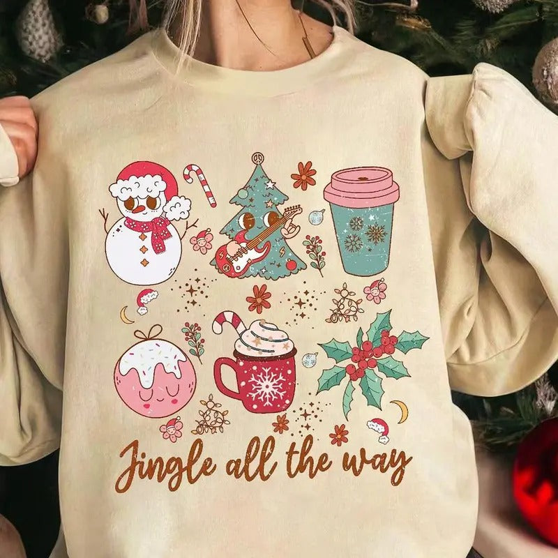Women's Christmas Themed Round Neck Sweatshirt, Casual Drop Shoulder Long Sleeve Pullover, Women's Fall & Winter Clothes for Daily Wear, Sweatshirt hot trend
