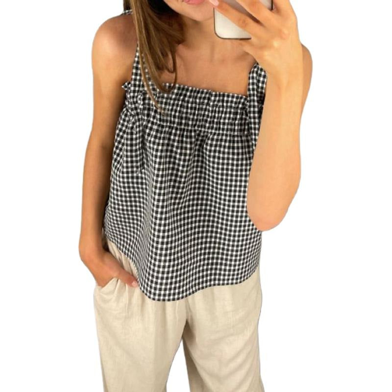 Women's Crop Camisole Casual Square Neck Backless Tie-Up Spaghetti Strap Plaid Tops for Summer Lady Polyester T-Shirts,...