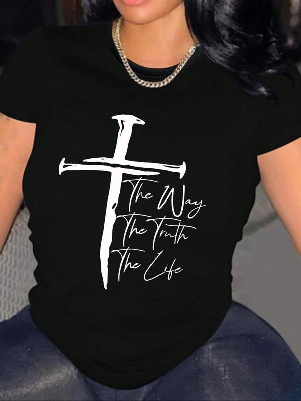 Women's Cross & Letter Print Round Neck Tee, Casual Short Sleeve Crew Neck T-Shirt for Summer, Fashion Women's Top for...