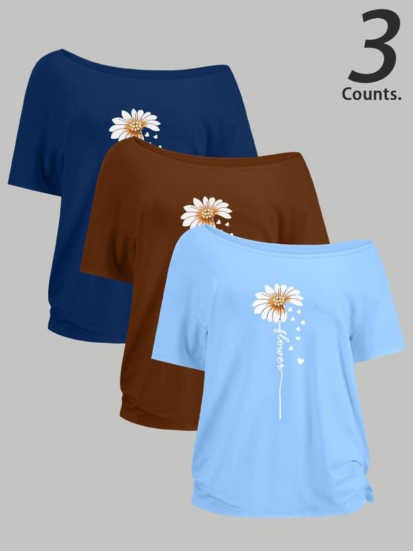 Women's Daisy Print One Shoulder Tee, Casual Flower Print Short Sleeve T-shirt for Summer, Ladies Clothes for Daily Wear,...