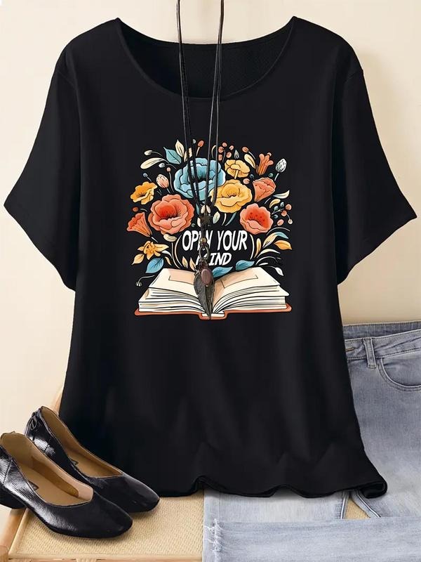 Women's Floral & Letter Print Round Neck Graphic Tee, Vintage Trendy Casual Drop Shoulder Half Sleeve T-shirt For Daily Wear, Ladies Summer Outfitstyle{n002}2