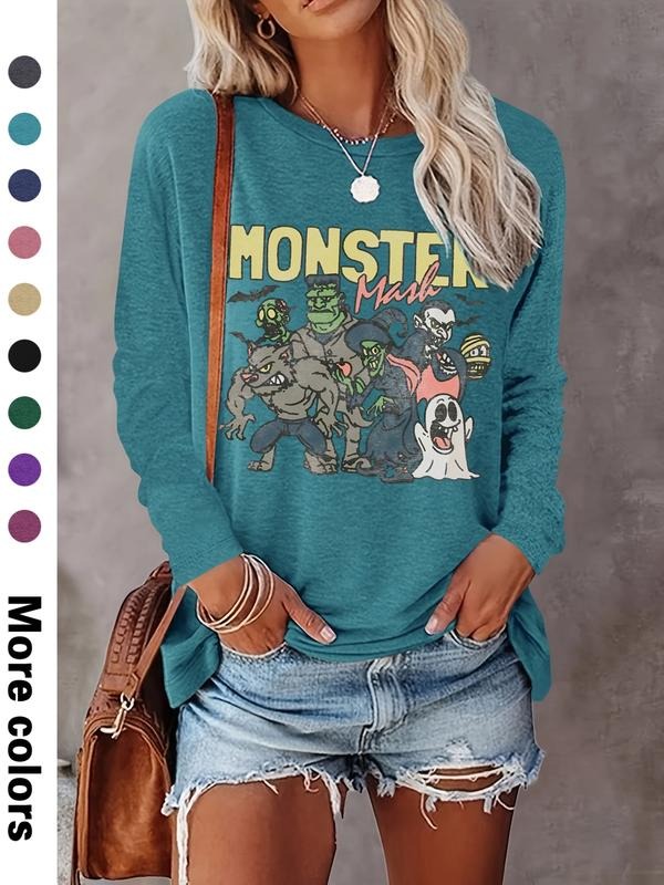 Women's Halloween Pumpkin Ghost Print Long Sleeve Round Neck Casual Top, Soft Comfortable Fabric, Available in 9 Colors...