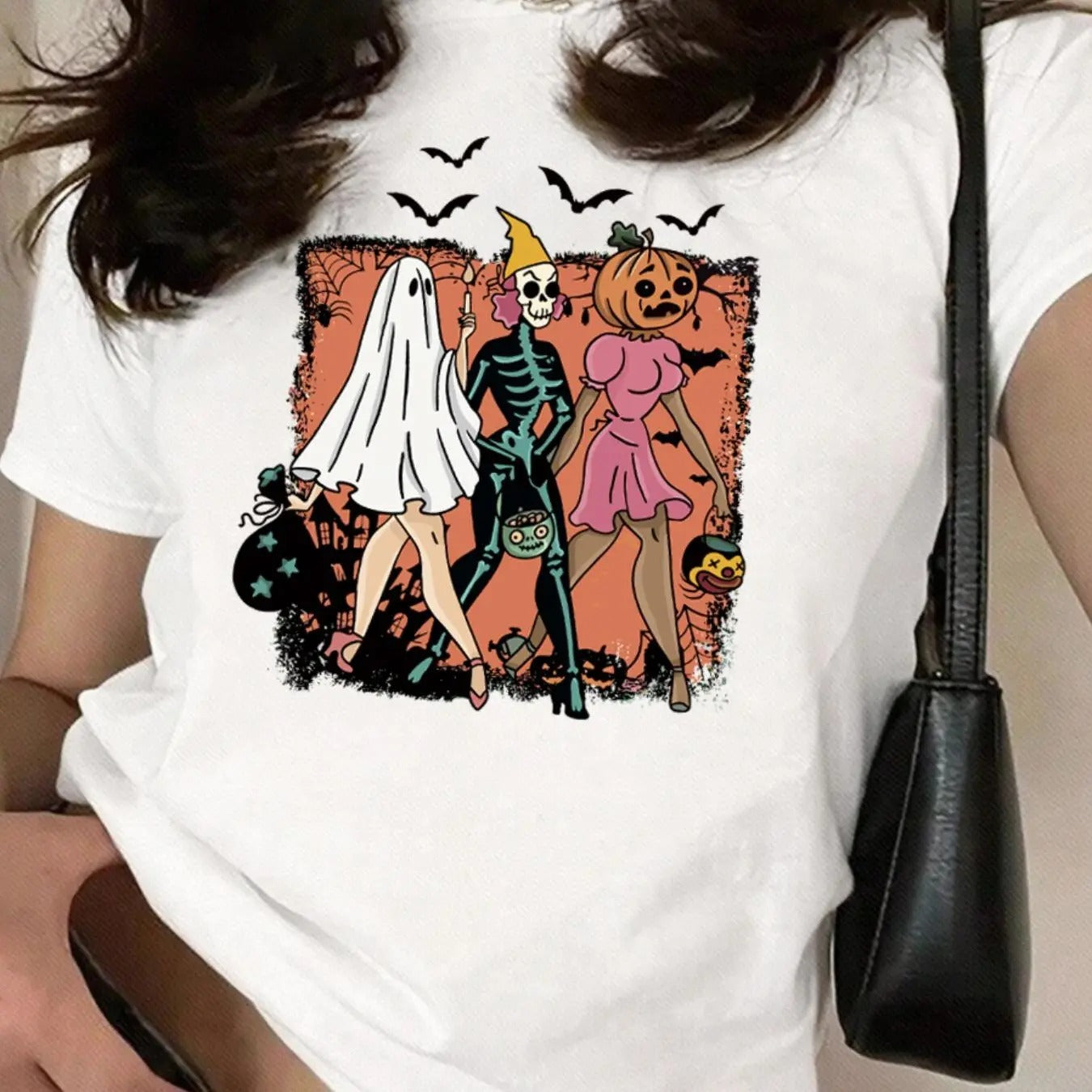 Women's Halloween Themed Round Neck Graphic Tee, Vintage Trendy Casual Short Sleeve T-shirt for Daily Wear, Ladies Spring & Fall Outfit