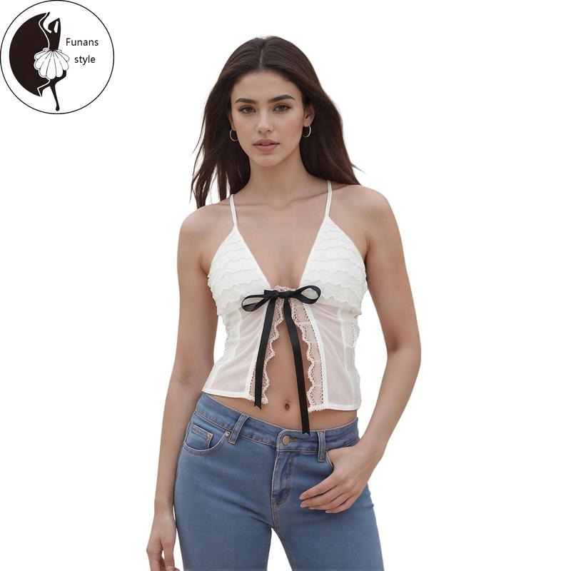 Women's LaceCropped Camisole V-Neck Spaghetti Strap Tiered Ruffled Show Navel Tops T-Shirts, Hoodie, Sweatshirt