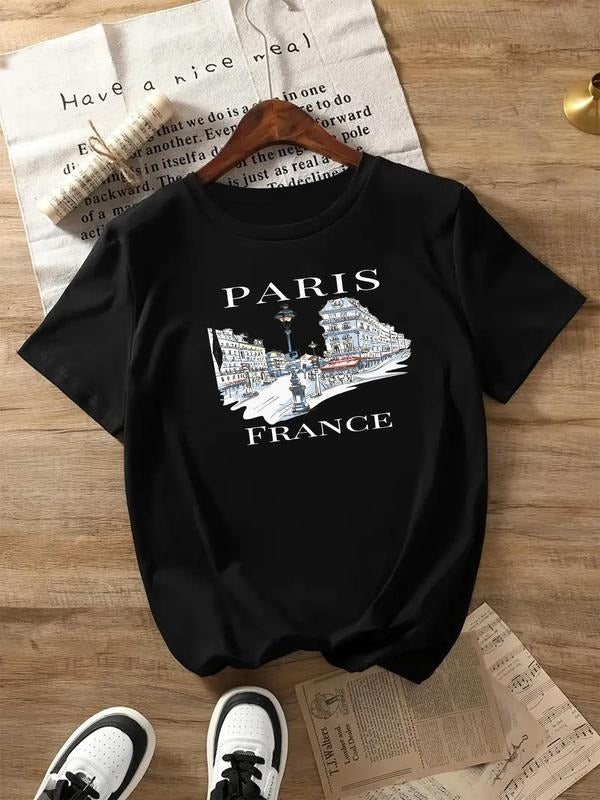 Women's Landscape & Letter Print Round Neck Tee, Casual Short Sleeve Crew Neck T-shirt for Daily Wear, Ladies Clothes for...