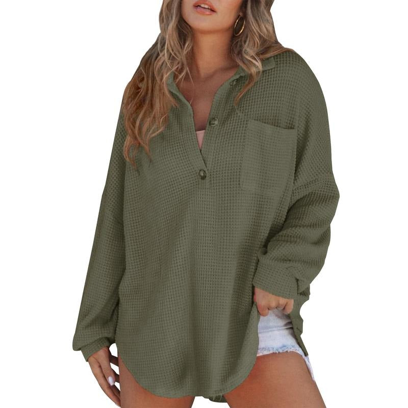 Women's Lapel Collar Tops Casual Long Sleeve Button Front Solid Color Loose T-Shirts Waffle Knit Tops