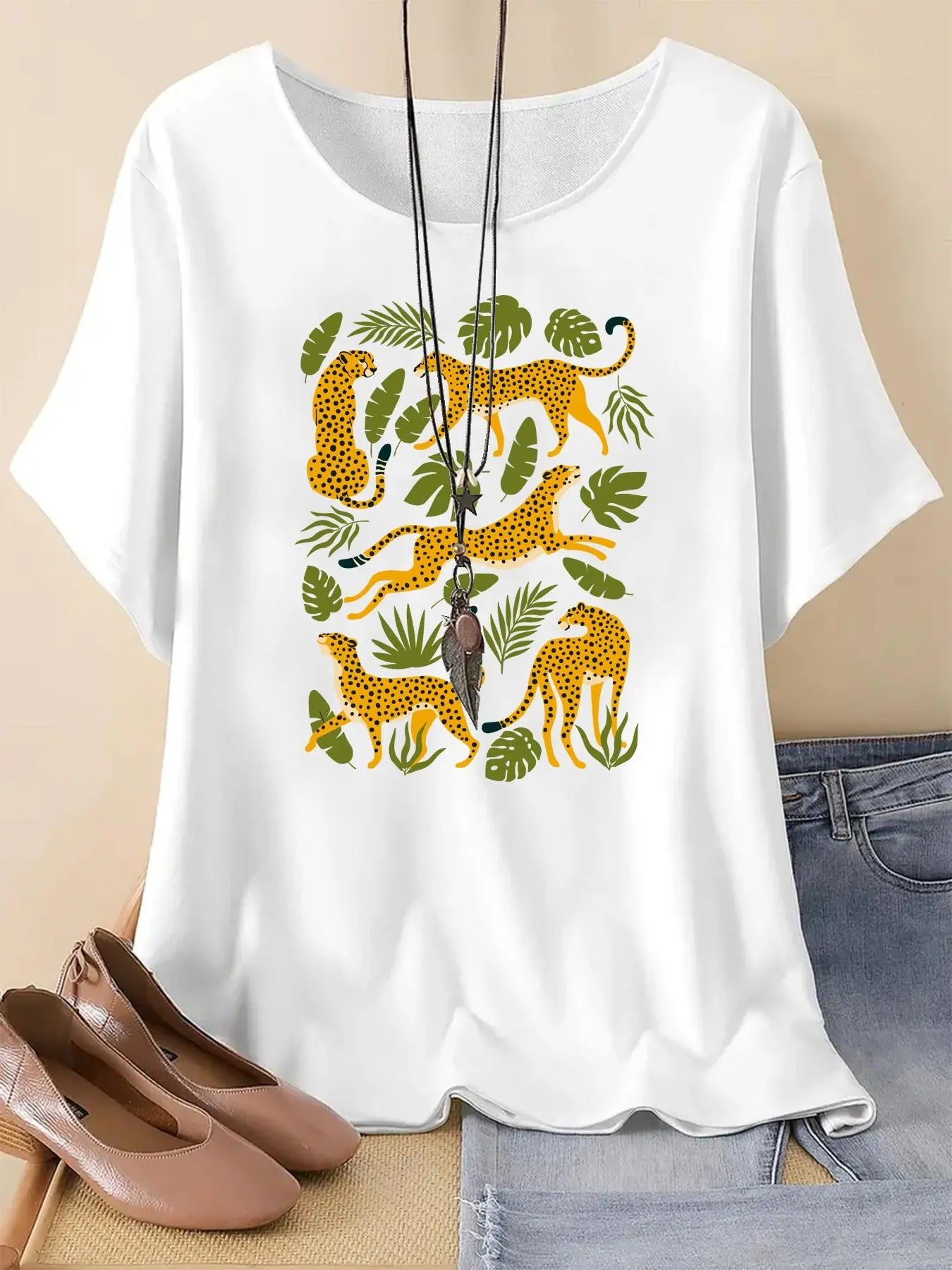 Women's Leopard & Leaf Print Round Neck Tee, Casual Short Sleeve T-Shirt for Summer, Ladies Clothes for Daily Wear...