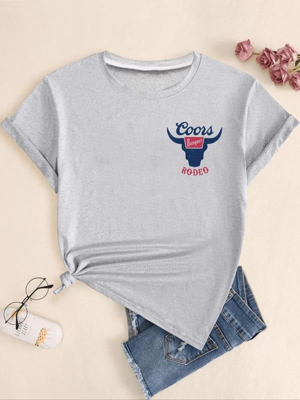 Women's Letter & Bull Head Print Round Neck Tee, Casual Short Sleeve Crew Neck T-shirt for Summer, Fashion Women's Top...