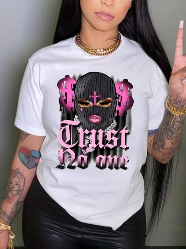 Women's Letter & Mask Print Round Neck Graphic Tee, Vintage Trendy Casual Short Sleeve T-shirt for Daily Wear, Ladies All Seasons Outfit